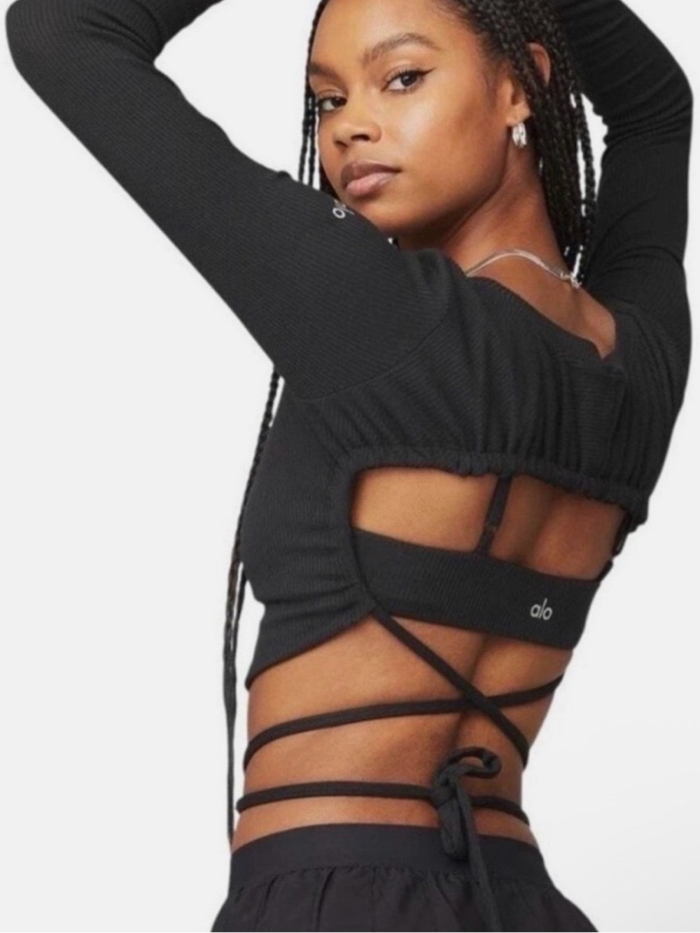 ALO Yoga Black Open-Back Wrap Crop Sweater